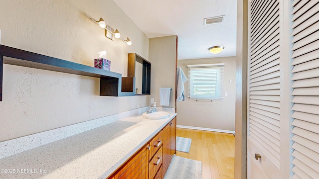 23 Moody Dr, Palm Coast, FL 32137 - bathroom with a closet, vanity, wood finished floors, and baseboards