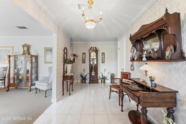 2364 Smullian Trl S, Jacksonville, FL 32217 - corridor featuring wallpapered walls, ornamental molding, a chandelier, and baseboards