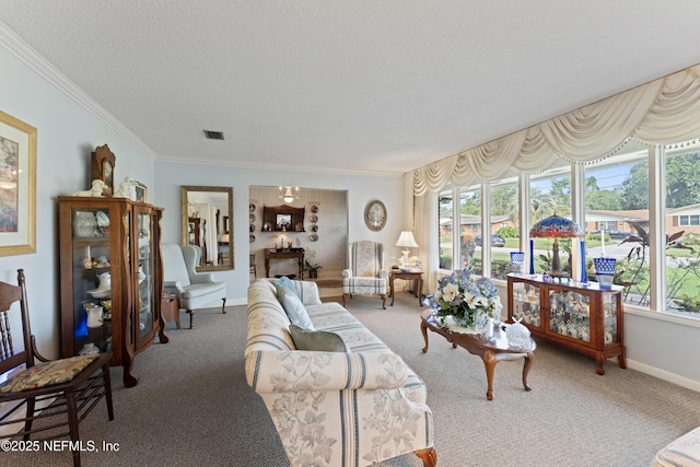 2364 Smullian Trl S, Jacksonville, FL 32217 - living room featuring carpet, ornamental molding, a textured ceiling, and baseboards