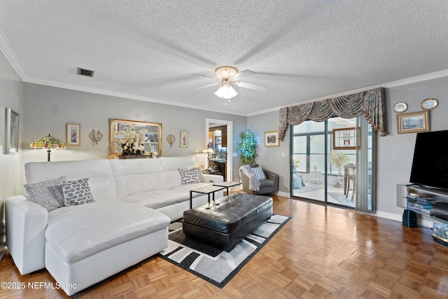 2364 Smullian Trl S, Jacksonville, FL 32217 - living room with ceiling fan, crown molding, baseboards, and a textured ceiling