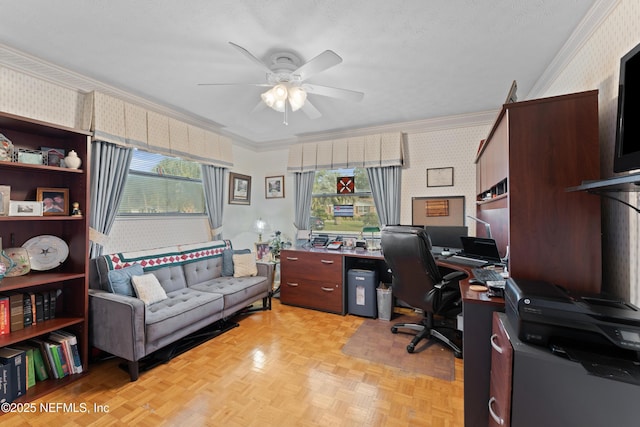2364 Smullian Trl S, Jacksonville, FL 32217 - office with wallpapered walls, ornamental molding, a ceiling fan, and healthy amount of natural light