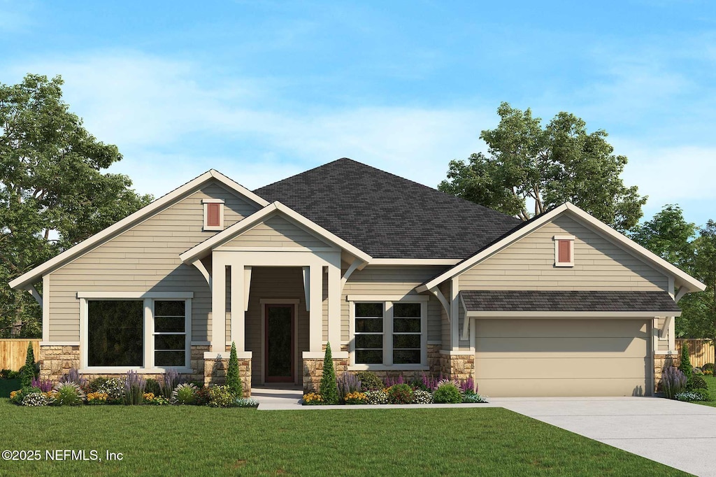 158 Sparrow Crk Dr, Saint Augustine, FL 32092 - craftsman inspired home featuring stone siding, roof with shingles, driveway, a front lawn, and a garage