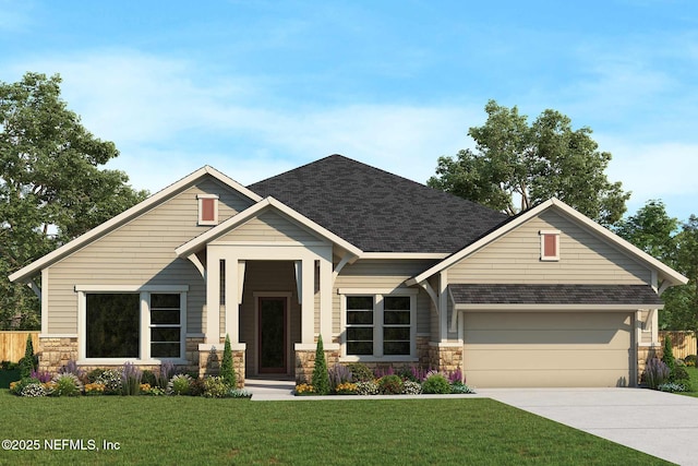 158 Sparrow Crk Dr, Saint Augustine, FL 32092 - craftsman inspired home featuring stone siding, roof with shingles, driveway, a front lawn, and a garage