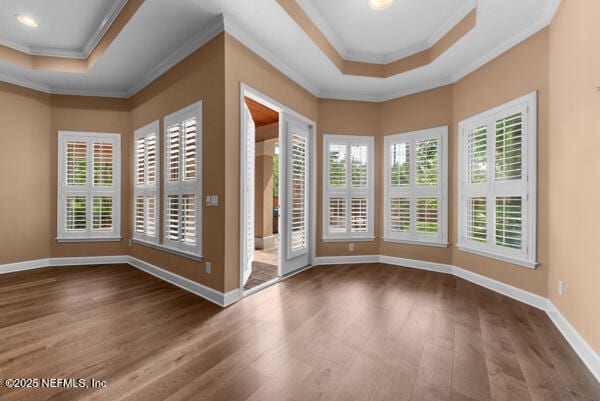 1821 Wind Ridge Ct, Fleming Island, FL 32003 - spare room featuring a tray ceiling, wood finished floors, crown molding, and baseboards