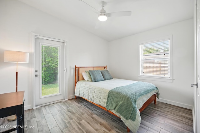 541 Margaret St, Neptune Beach, FL 32266 - bedroom featuring light wood-style floors, lofted ceiling, access to outside, ceiling fan, and baseboards