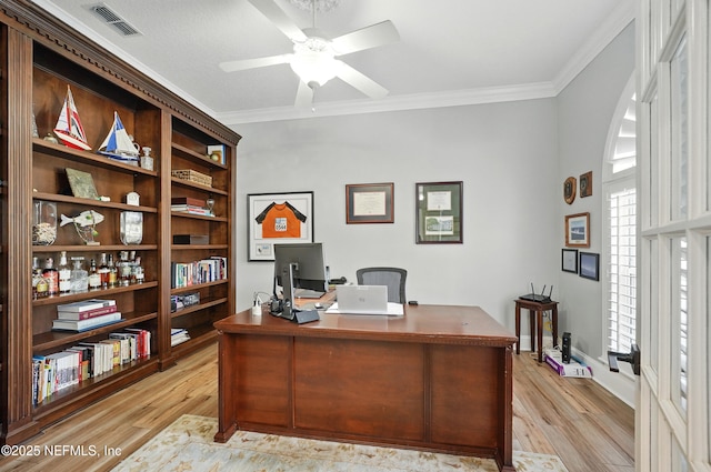 4427 Royal Tern Ct, Jacksonville Beach, FL 32250 - office area featuring crown molding, a ceiling fan, and light wood finished floors