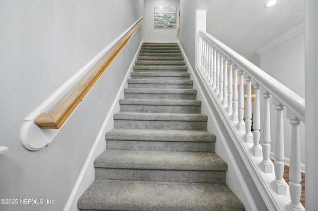 4427 Royal Tern Ct, Jacksonville Beach, FL 32250 - stairs featuring crown molding, a textured ceiling, and carpet floors