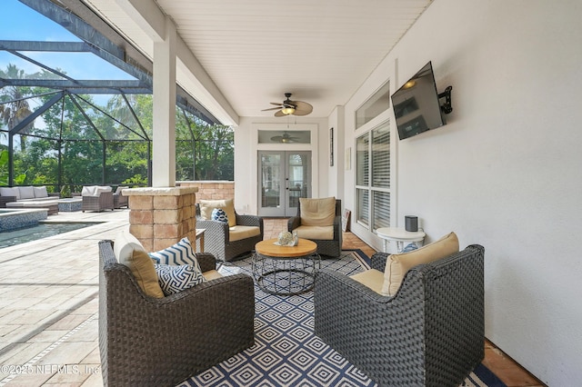 4427 Royal Tern Ct, Jacksonville Beach, FL 32250 - view of patio / terrace featuring french doors, outdoor lounge area, ceiling fan, glass enclosure, and a pool with connected hot tub