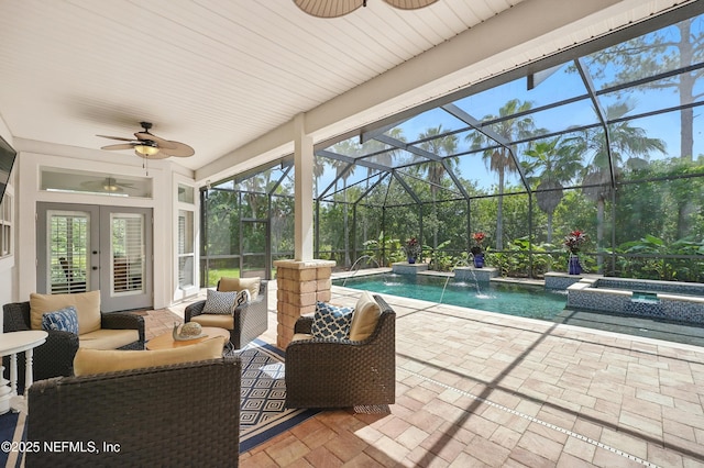 4427 Royal Tern Ct, Jacksonville Beach, FL 32250 - view of patio with ceiling fan, a pool with connected hot tub, french doors, a lanai, and an outdoor hangout area
