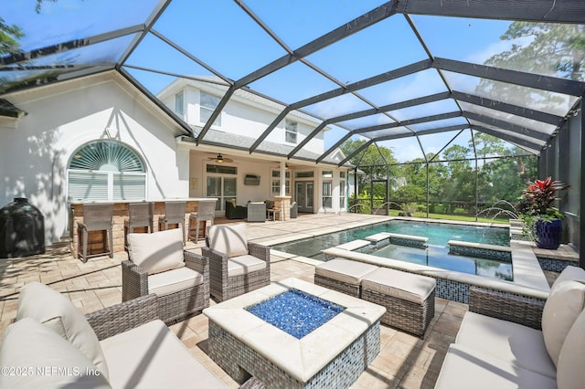 4427 Royal Tern Ct, Jacksonville Beach, FL 32250 - view of patio / terrace featuring an outdoor living space with a fire pit, a lanai, ceiling fan, and a pool with connected hot tub