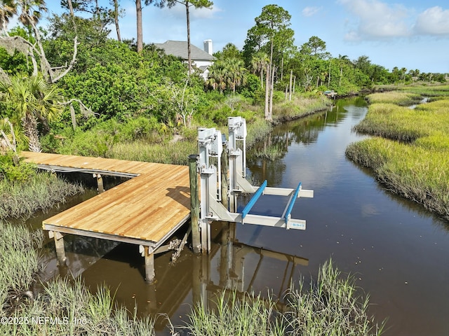 4427 Royal Tern Ct, Jacksonville Beach, FL 32250 - dock featuring boat lift, view of scattered trees, and a water view
