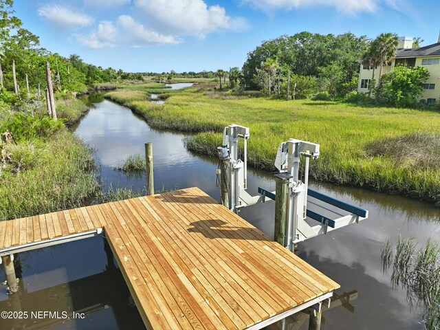 4427 Royal Tern Ct, Jacksonville Beach, FL 32250 - dock area with boat lift, a water view, and view of wooded area