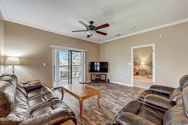 112 Laurel Wood Way Unit 202, Saint Augustine, FL 32086 - living room with ceiling fan, wood finished floors, ornamental molding, baseboards, and a textured ceiling