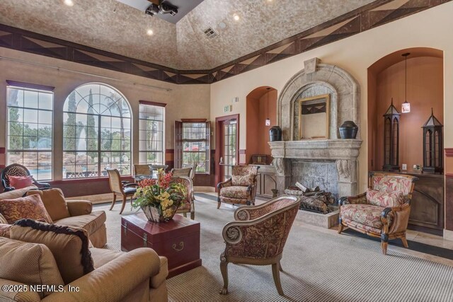 10961 Burnt Mill Rd Unit 1534, Jacksonville, FL 32256 - carpeted living room with a high end fireplace and high vaulted ceiling