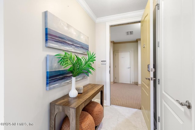 4300 S Beach Pkwy Unit 3313, Jacksonville Beach, FL 32250 - hallway featuring ornamental molding, light tile patterned floors, baseboards, and light carpet