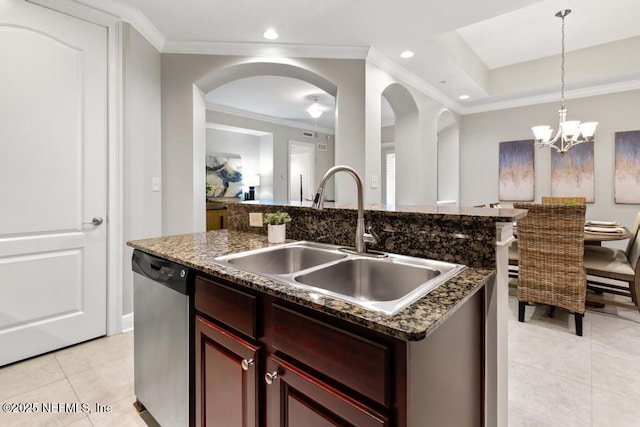 4300 S Beach Pkwy Unit 3313, Jacksonville Beach, FL 32250 - kitchen with dishwasher, a sink, light tile patterned floors, an island with sink, and ornamental molding