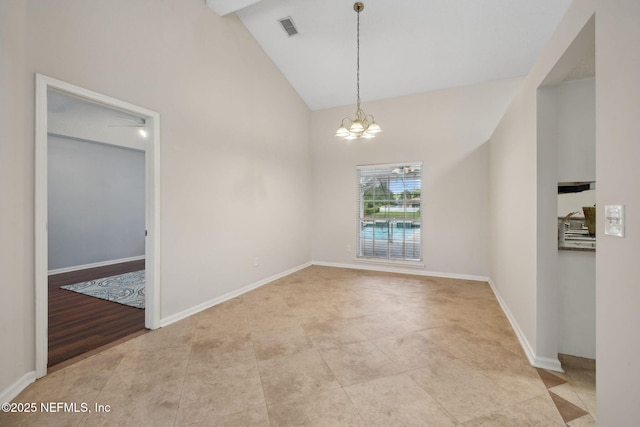 4458 Deep River Way E, Jacksonville, FL 32224 - spare room featuring high vaulted ceiling, a chandelier, tile patterned flooring, and beam ceiling