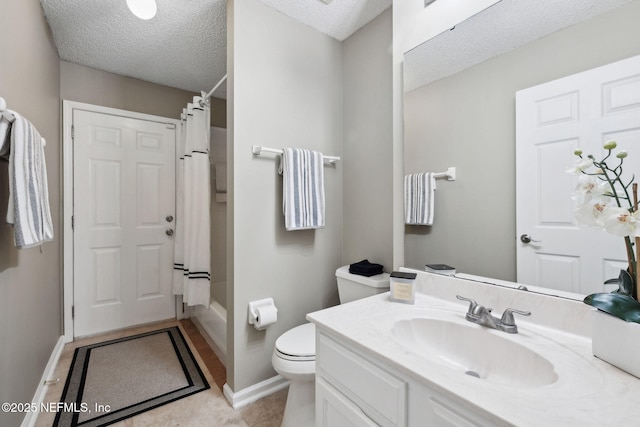 4458 Deep River Way E, Jacksonville, FL 32224 - bathroom featuring a textured ceiling, vanity, shower / tub combo with curtain, and tile patterned flooring