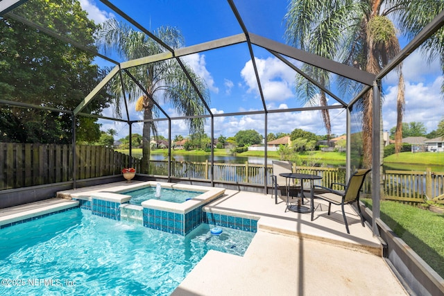 4458 Deep River Way E, Jacksonville, FL 32224 - view of swimming pool with a fenced backyard, a patio area, a water view, and glass enclosure