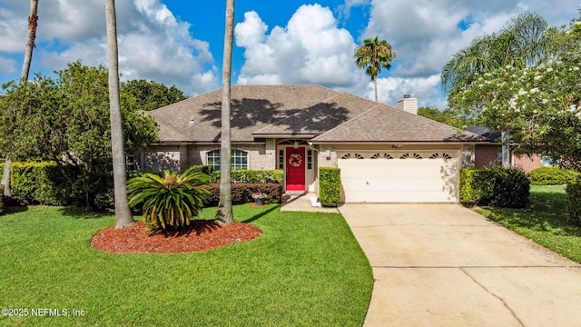 4458 Deep River Way E, Jacksonville, FL 32224 - ranch-style home with roof with shingles, an attached garage, brick siding, and a front yard