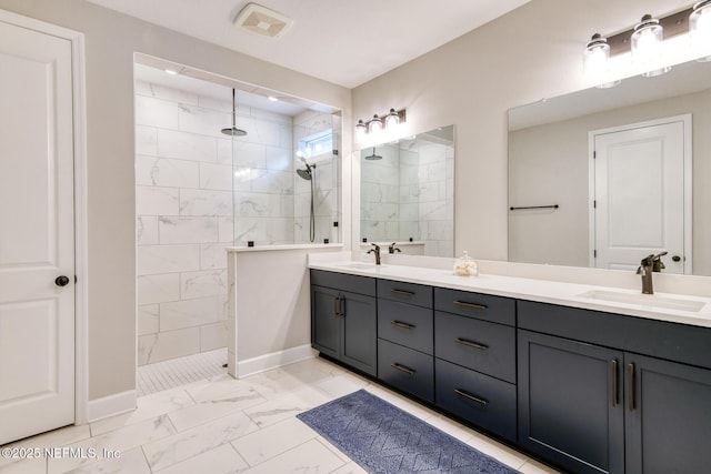 843 Windley Dr, Saint Augustine, FL 32092 - bathroom with marble finish flooring, double vanity, a walk in shower, and baseboards