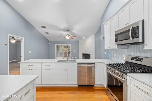 2007 Hollington Dr, Jacksonville, FL 32246 - kitchen with stainless steel appliances, ceiling fan, a sink, light wood finished floors, and lofted ceiling