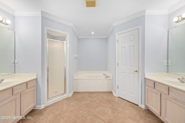 2007 Hollington Dr, Jacksonville, FL 32246 - full bath with a shower stall, a garden tub, two vanities, ornamental molding, and recessed lighting