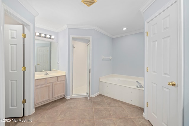 2007 Hollington Dr, Jacksonville, FL 32246 - full bathroom with vanity, a bath, a shower stall, crown molding, and tile patterned floors