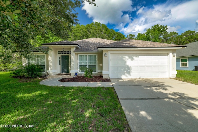 2007 Hollington Dr, Jacksonville, FL 32246 - ranch-style home featuring a garage, driveway, stucco siding, a front lawn, and roof with shingles