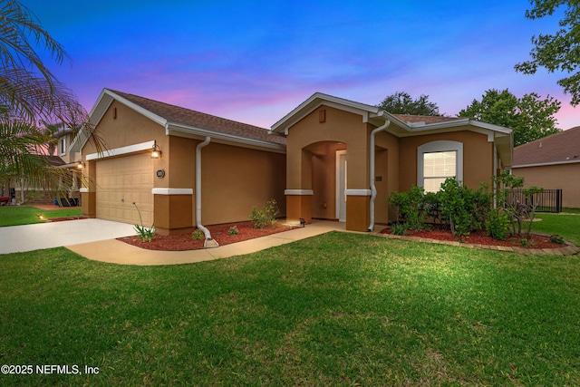 1101 Chokee Pl, Saint Augustine, FL 32092 - ranch-style house featuring stucco siding, an attached garage, a yard, and driveway