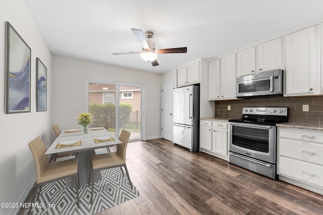 1101 Chokee Pl, Saint Augustine, FL 32092 - kitchen with appliances with stainless steel finishes, baseboards, a ceiling fan, and tasteful backsplash