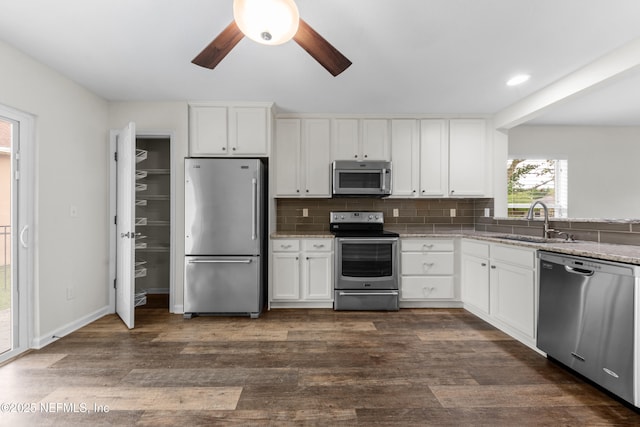 1101 Chokee Pl, Saint Augustine, FL 32092 - kitchen with stainless steel appliances, a sink, a ceiling fan, tasteful backsplash, and light stone counters