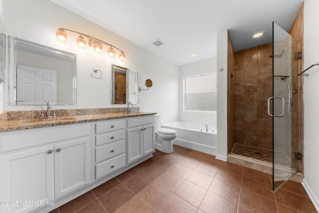 1101 Chokee Pl, Saint Augustine, FL 32092 - full bathroom featuring double vanity, a garden tub, a stall shower, tile patterned floors, and toilet