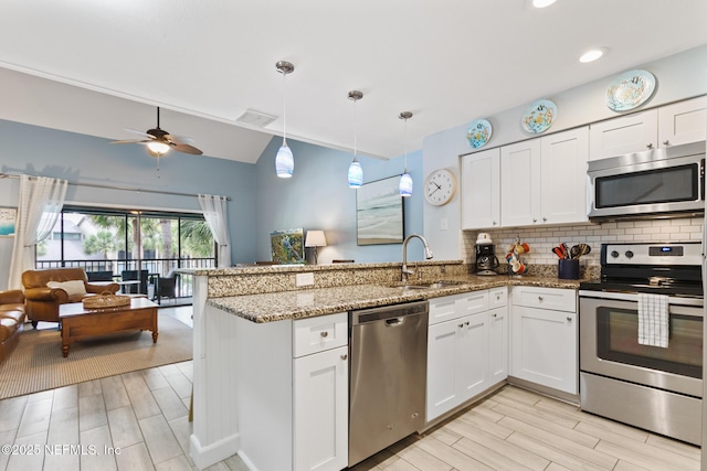 97 Village Las Palmas Cir, Saint Augustine, FL 32080 - kitchen featuring appliances with stainless steel finishes, a sink, a peninsula, wood tiled floors, and white cabinets