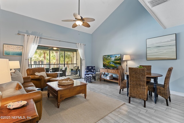 97 Village Las Palmas Cir, Saint Augustine, FL 32080 - living room with ceiling fan, light wood finished floors, and high vaulted ceiling
