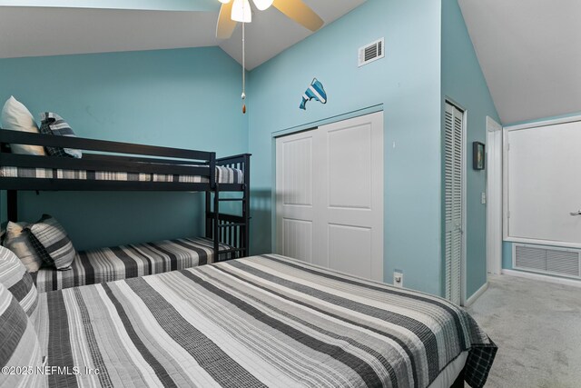 97 Village Las Palmas Cir, Saint Augustine, FL 32080 - carpeted bedroom with vaulted ceiling, a ceiling fan, and baseboards