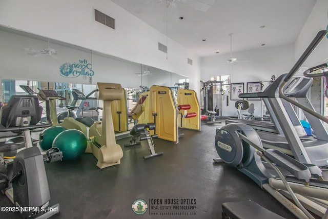 97 Village Las Palmas Cir, Saint Augustine, FL 32080 - exercise room with a ceiling fan, plenty of natural light, and a high ceiling