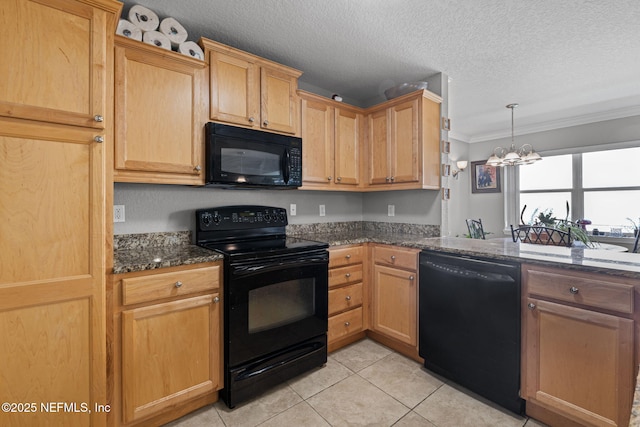 108 Laguna Villas Blvd Unit D22, Jacksonville Beach, FL 32250 - kitchen with black appliances, a chandelier, ornamental molding, dark stone countertops, and light tile patterned floors