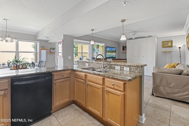 108 Laguna Villas Blvd Unit D22, Jacksonville Beach, FL 32250 - kitchen featuring dishwasher, a sink, open floor plan, light tile patterned floors, and crown molding