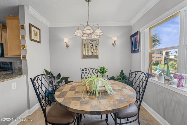 108 Laguna Villas Blvd Unit D22, Jacksonville Beach, FL 32250 - dining space featuring a chandelier, ornamental molding, baseboards, and light tile patterned floors