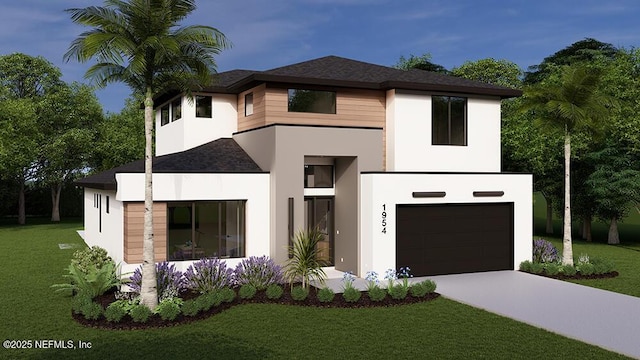 562 Ponte Vedra Blvd, Ponte Vedra Beach, FL 32082 - view of front of property featuring an attached garage, stucco siding, concrete driveway, a front lawn, and a shingled roof