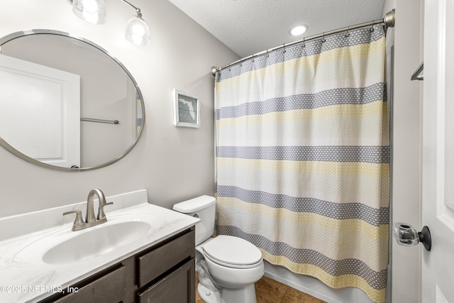 81014 Lockhaven Dr, Yulee, FL 32097 - full bathroom with toilet, vanity, tile patterned floors, a textured ceiling, and curtained shower