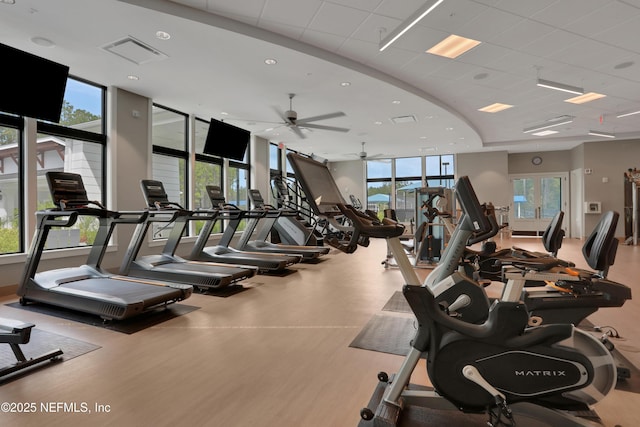 564 Jubilee Cir, Yulee, FL 32097 - workout area featuring a ceiling fan, expansive windows, wood finished floors, and recessed lighting
