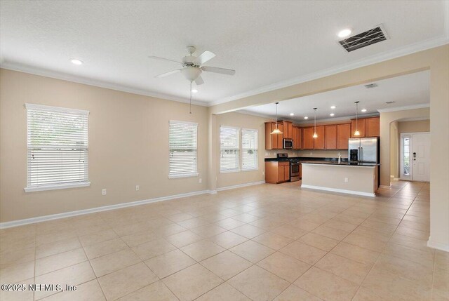 165 Crown Colony Rd, Saint Augustine, FL 32092 - unfurnished living room featuring a ceiling fan, recessed lighting, ornamental molding, baseboards, and light tile patterned flooring