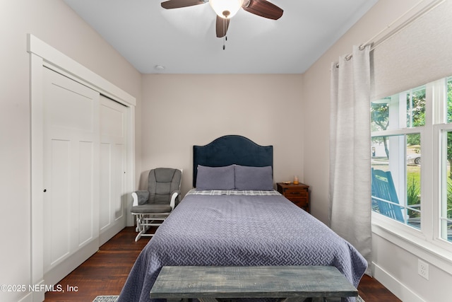 6228 Blue Marlin Dr, Keystone Heights, FL 32656 - bedroom featuring multiple windows, wood finished floors, ceiling fan, and a closet