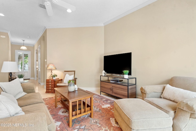 1885 Floyd St, Fernandina Beach, FL 32034 - living room featuring crown molding, ceiling fan, baseboards, and recessed lighting