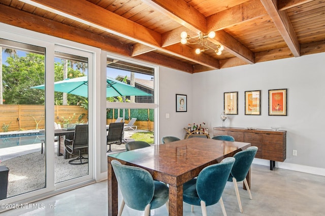 248 11th St, Atlantic Beach, FL 32233 - dining area with a wood ceiling with exposed beams, finished concrete flooring, and a chandelier