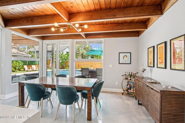 248 11th St, Atlantic Beach, FL 32233 - dining space featuring a wood ceiling with exposed beams, concrete flooring, and a chandelier