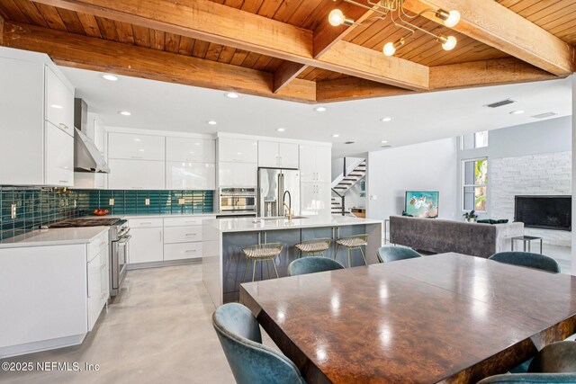 248 11th St, Atlantic Beach, FL 32233 - kitchen featuring a wooden ceiling with exposed beams, premium appliances, modern cabinets, backsplash, and finished concrete flooring