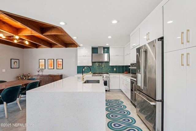248 11th St, Atlantic Beach, FL 32233 - kitchen with premium appliances, wall chimney exhaust hood, tasteful backsplash, white cabinetry, and modern cabinets